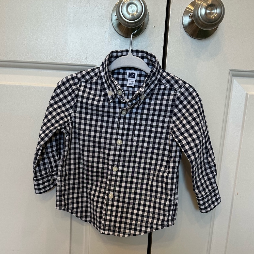 Janie and Jack Navy/White Checkered gingham Button Down Shirt 6-12m (like new)